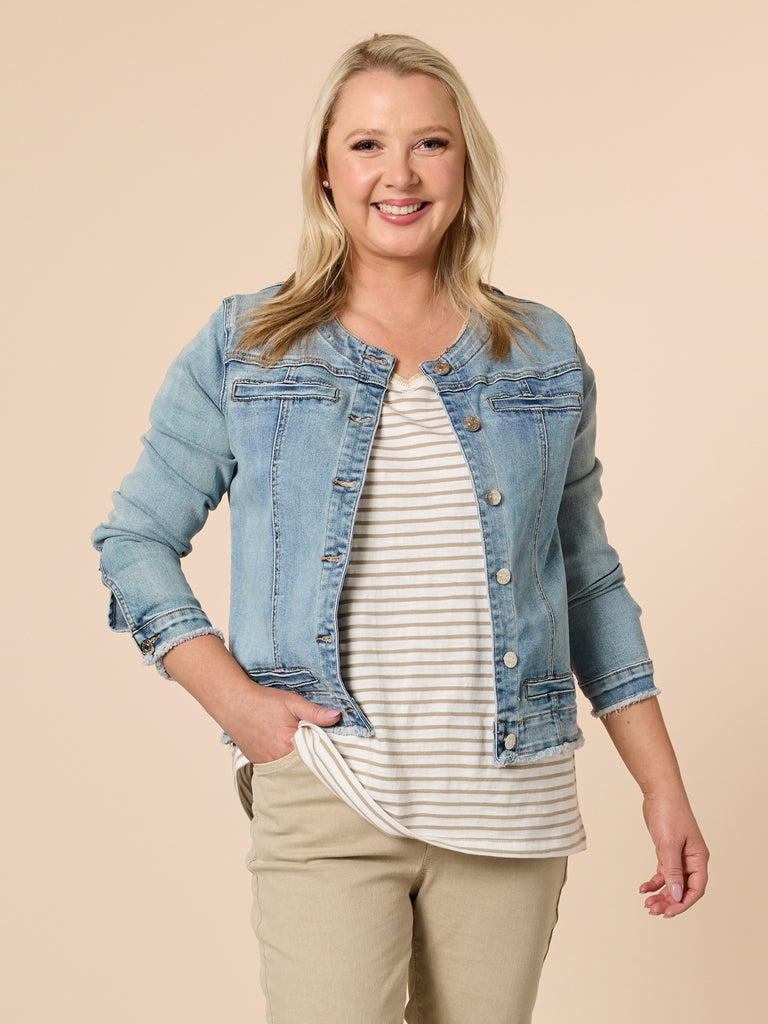 Collarless Denim Jacket - Denim THREADZ