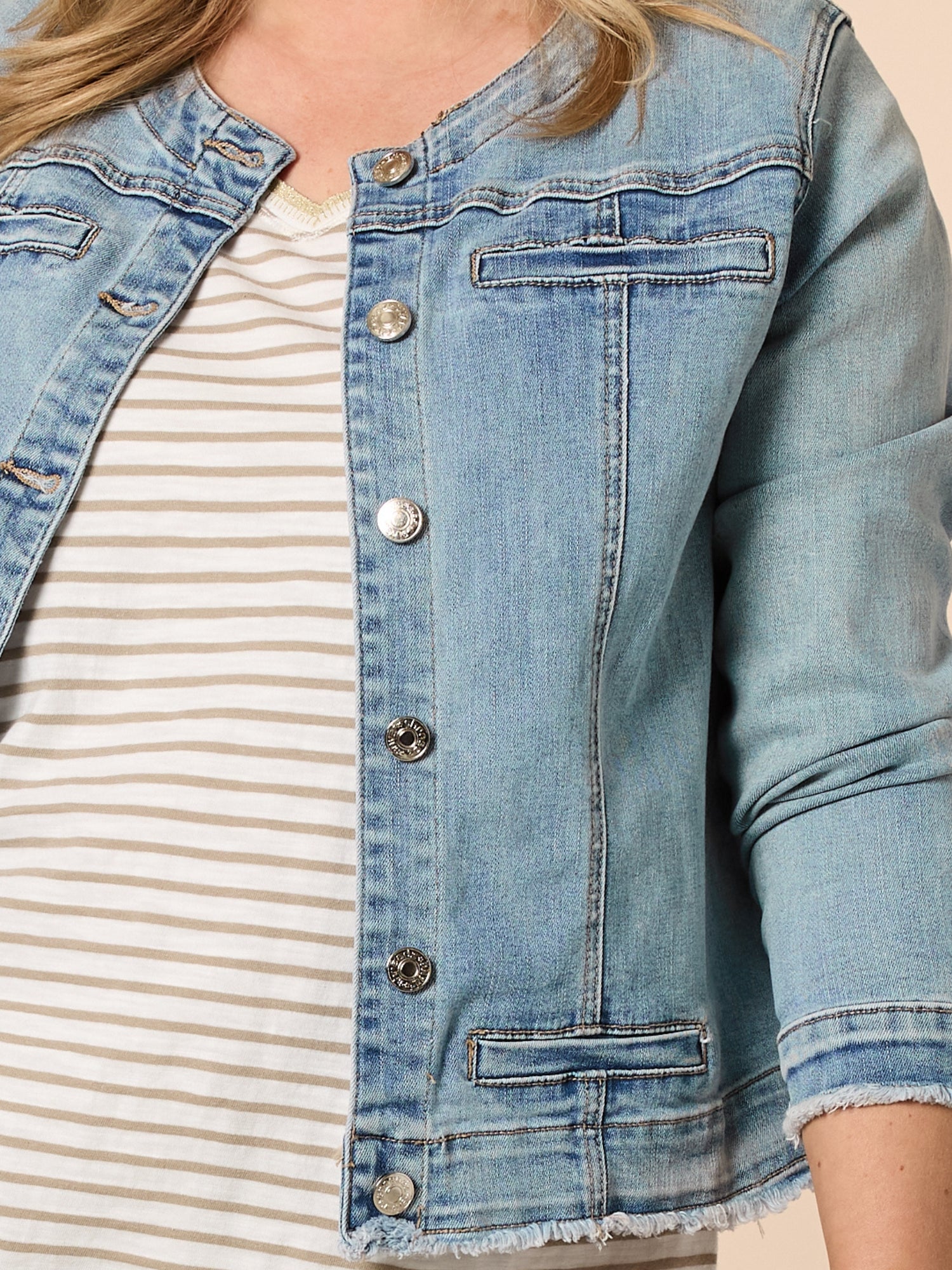 Collarless Denim Jacket - Denim – Threadz