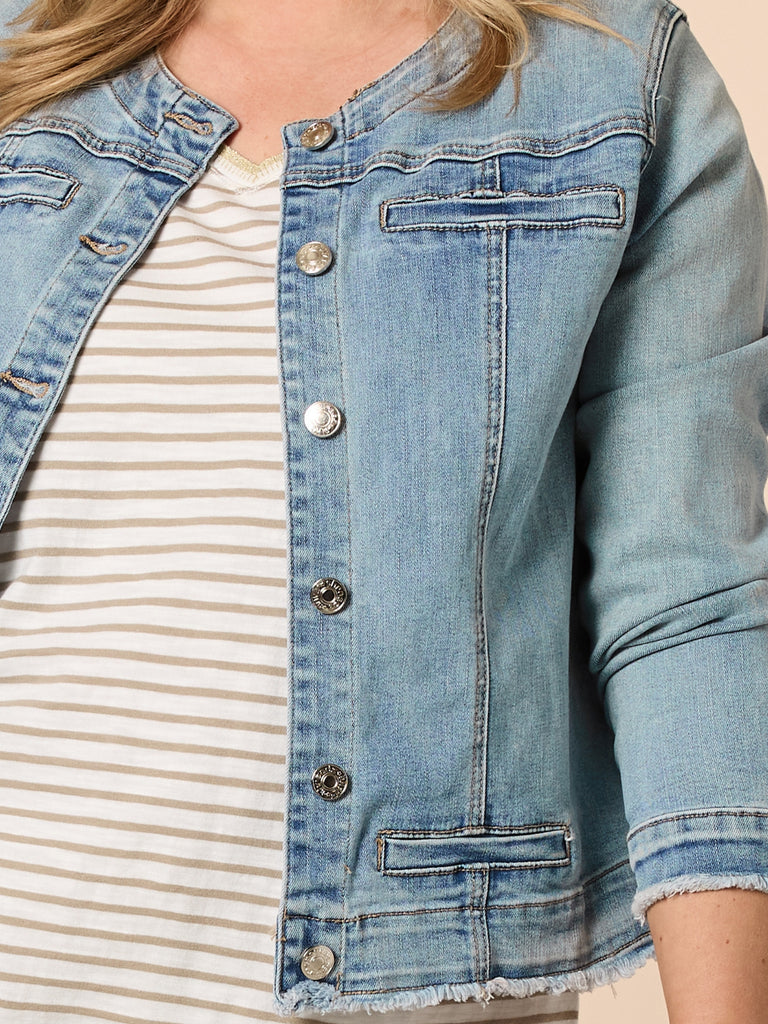 Collarless Denim Jacket - Denim THREADZ