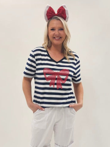 Red Bow Stripe Print Tee - Navy/White THREADZ