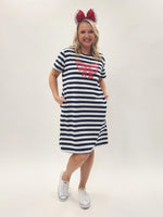 Red Bow Stripe Print Dress - Navy/White