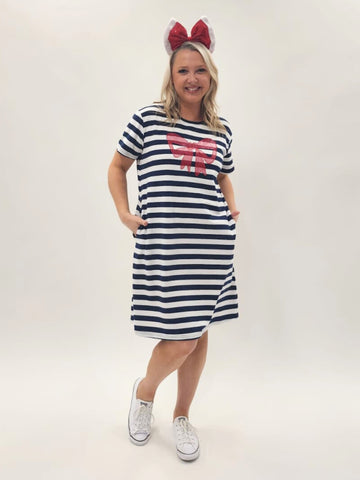 Red Bow Stripe Print Dress - Navy/White  threADZ