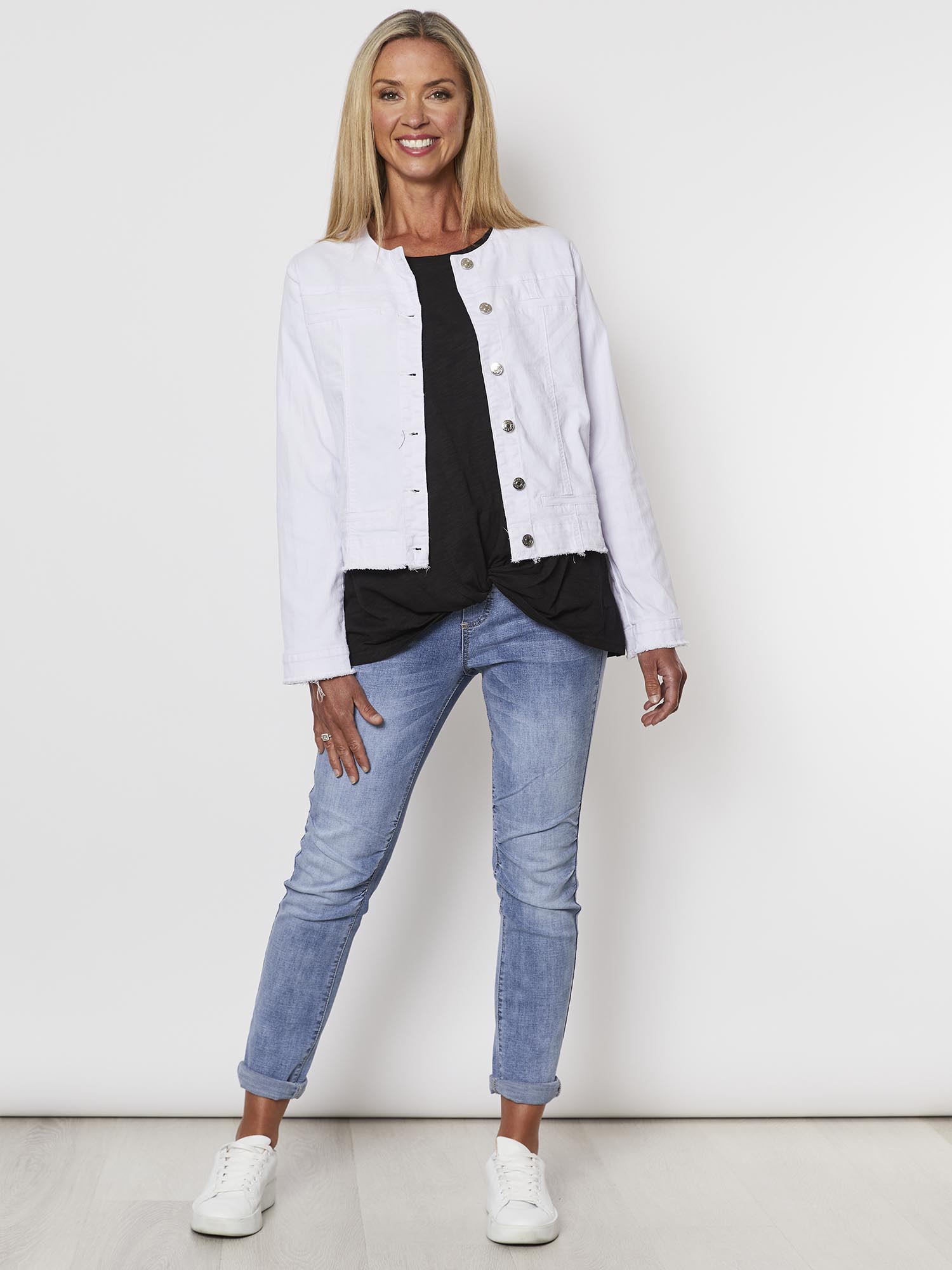 Threadz collarless denim jacket discount