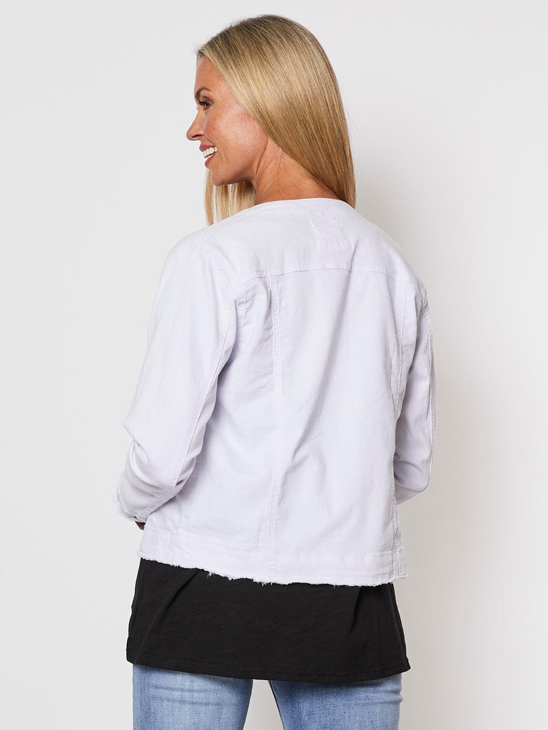 Collarless Denim Jacket - White