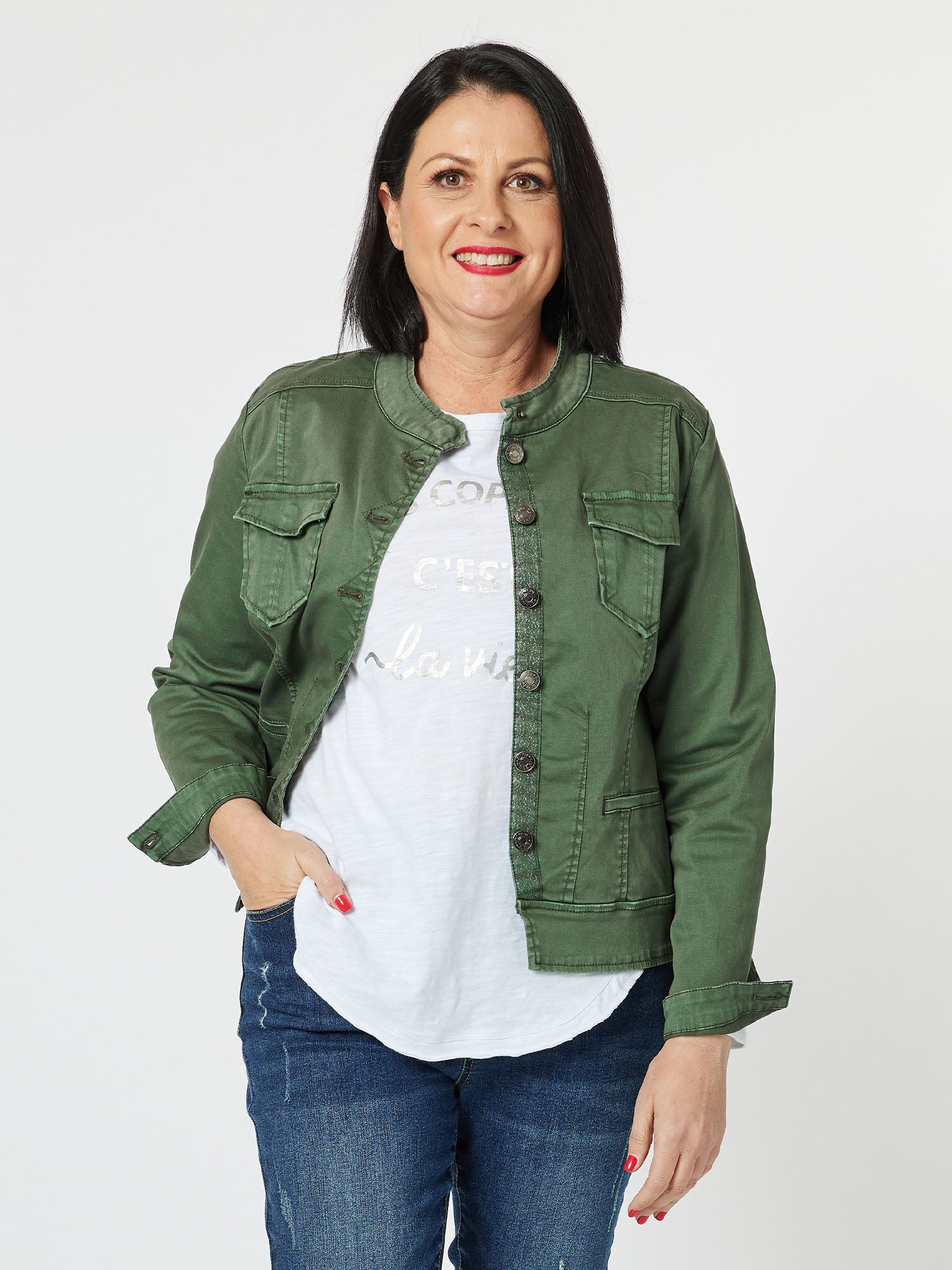 Khaki green denim jacket online